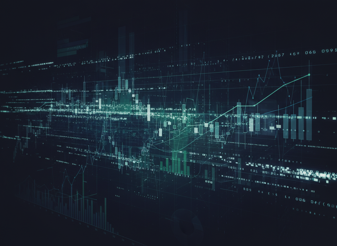 Abstract, dark, professional background evoking quantitative forex trading and data analysis, with charts, matrices, and flowing numeric patterns, no logos or text, high contrast suitable for hero section